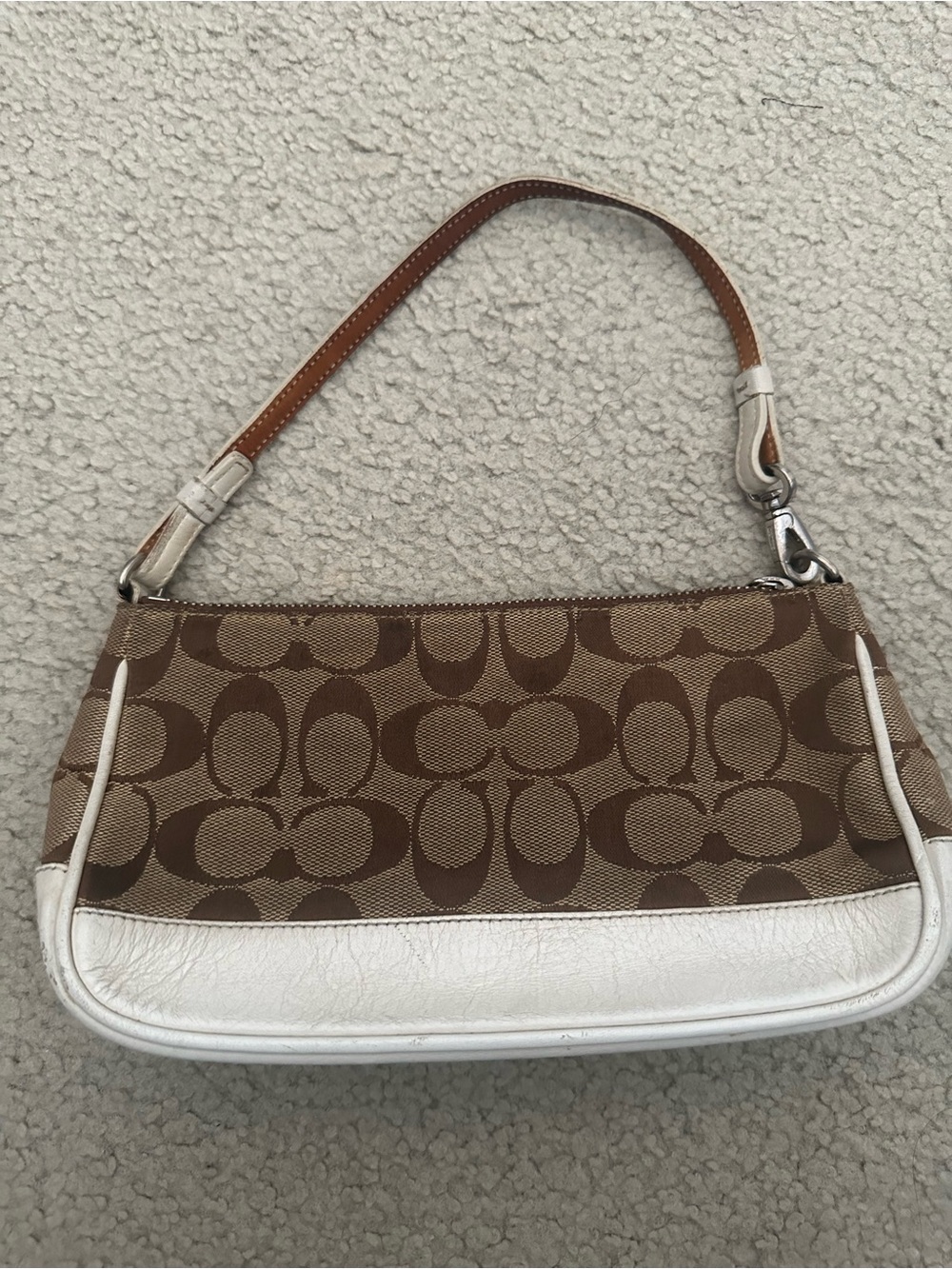 Coach Brown Signature Canvas Shoulder Bag with White Trim